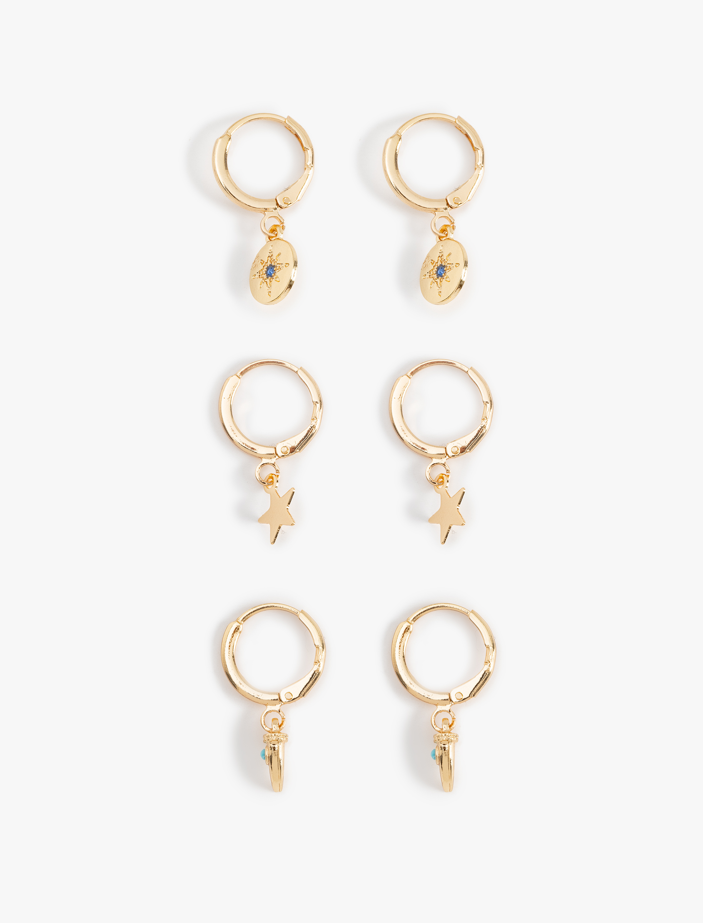  Kadın Sallantılı Yıldız Charm Detaylı 3'lü Halka Küpe Seti