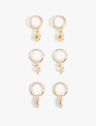 Sallantılı Yıldız Charm Detaylı 3'lü Halka Küpe Seti