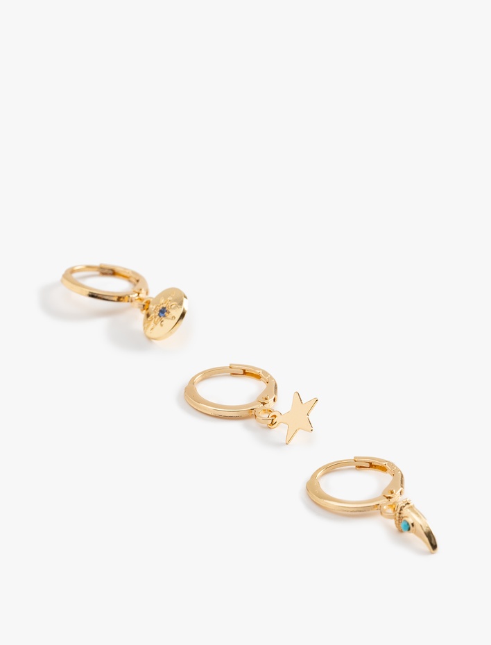 Kadın Sallantılı Yıldız Charm Detaylı 3'lü Halka Küpe Seti