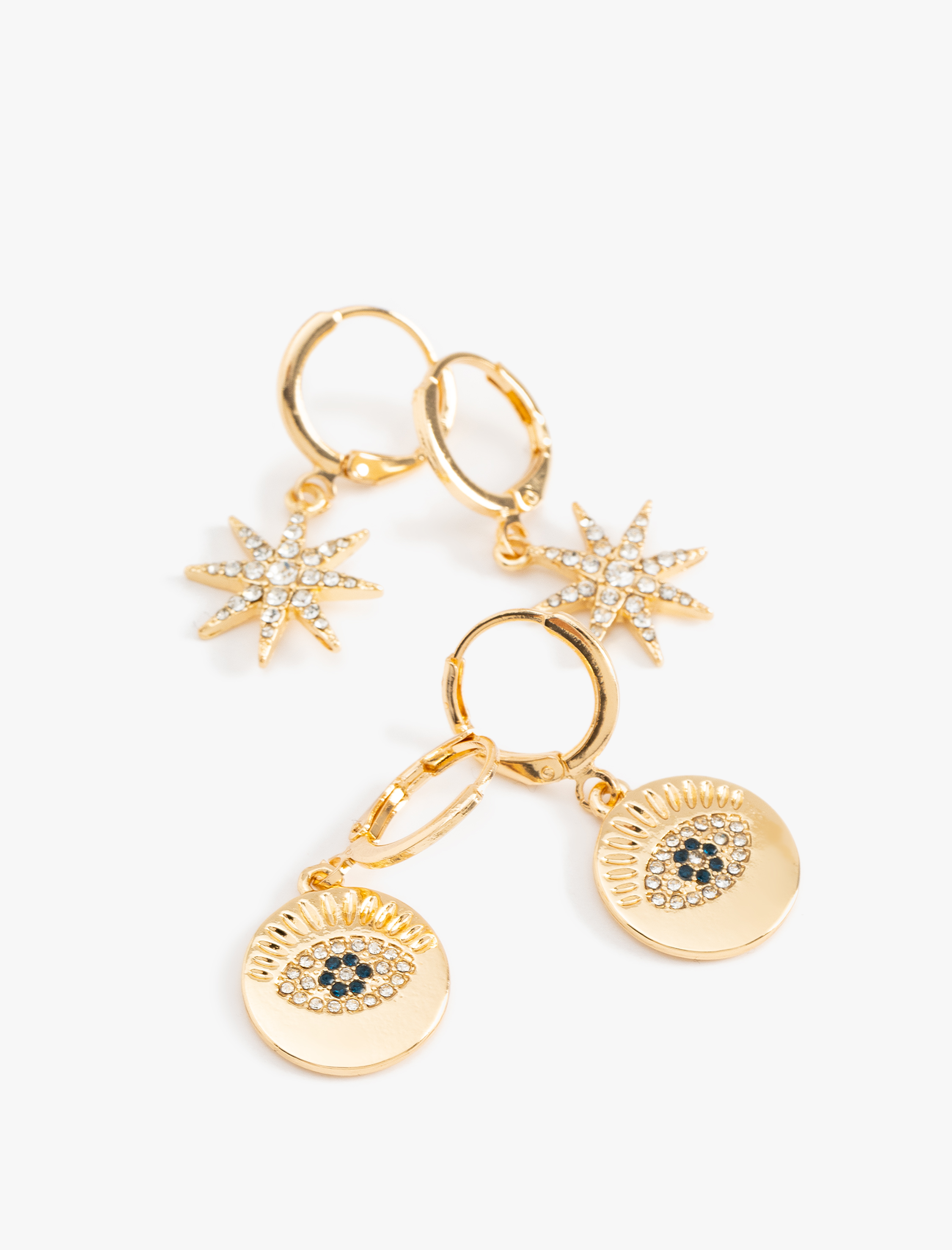  Kadın Taşlı Sallantılı Charm Detaylı 2'li Halka Küpe Seti