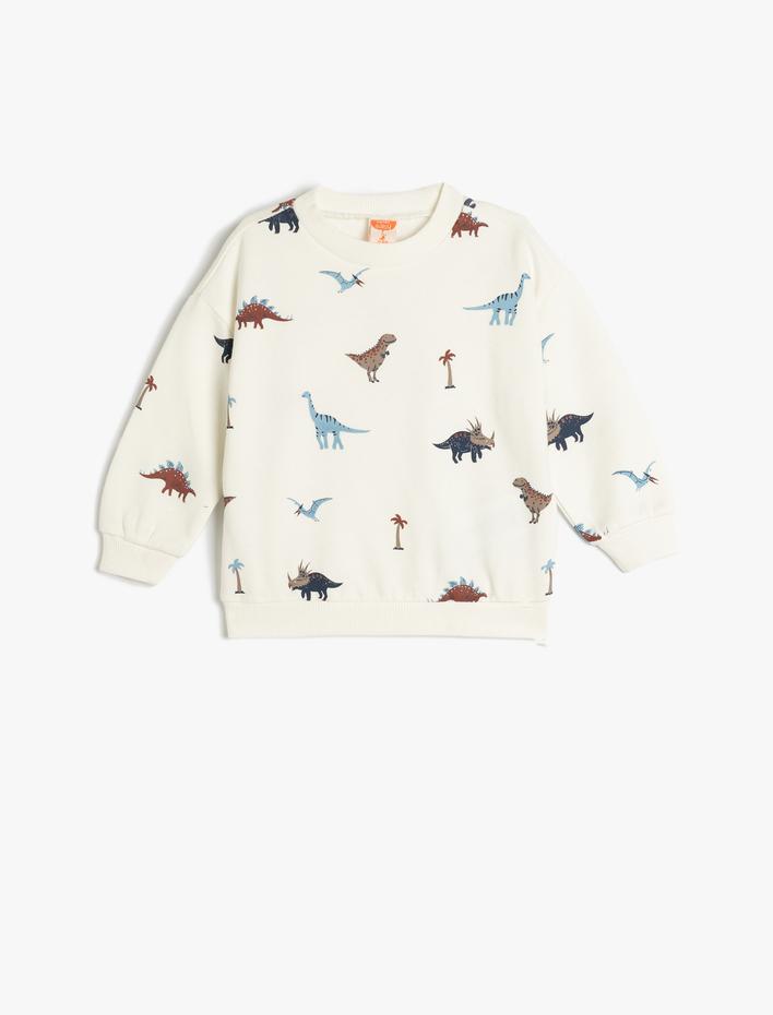 Erkek Bebek Sweatshirt Uzun Kollu Bisiklet Yaka Dinozor Baskılı Şardonlu Pamuklu