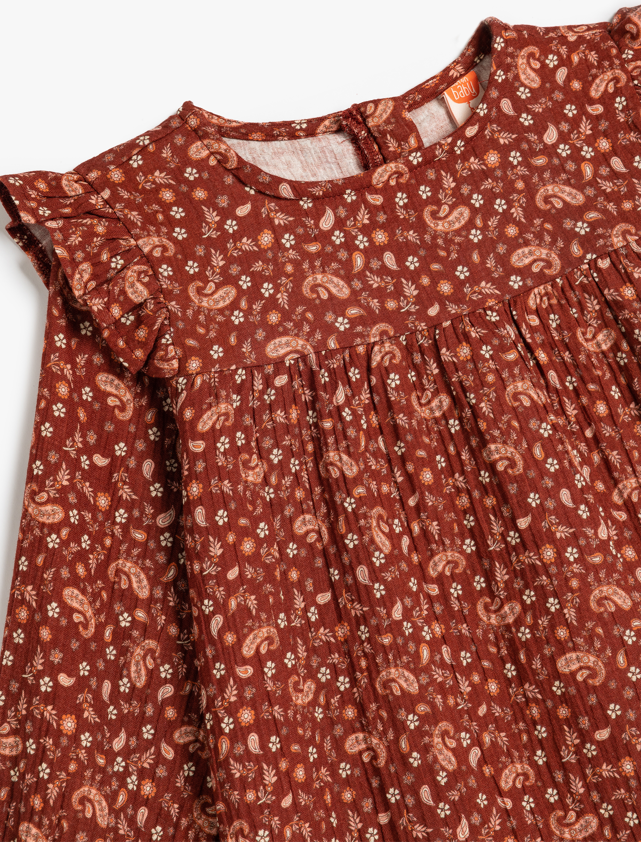  Kız Bebek Pamuklu Uzun Kollu Fırfır Detaylı Çiçek Desenli Müslin Elbise