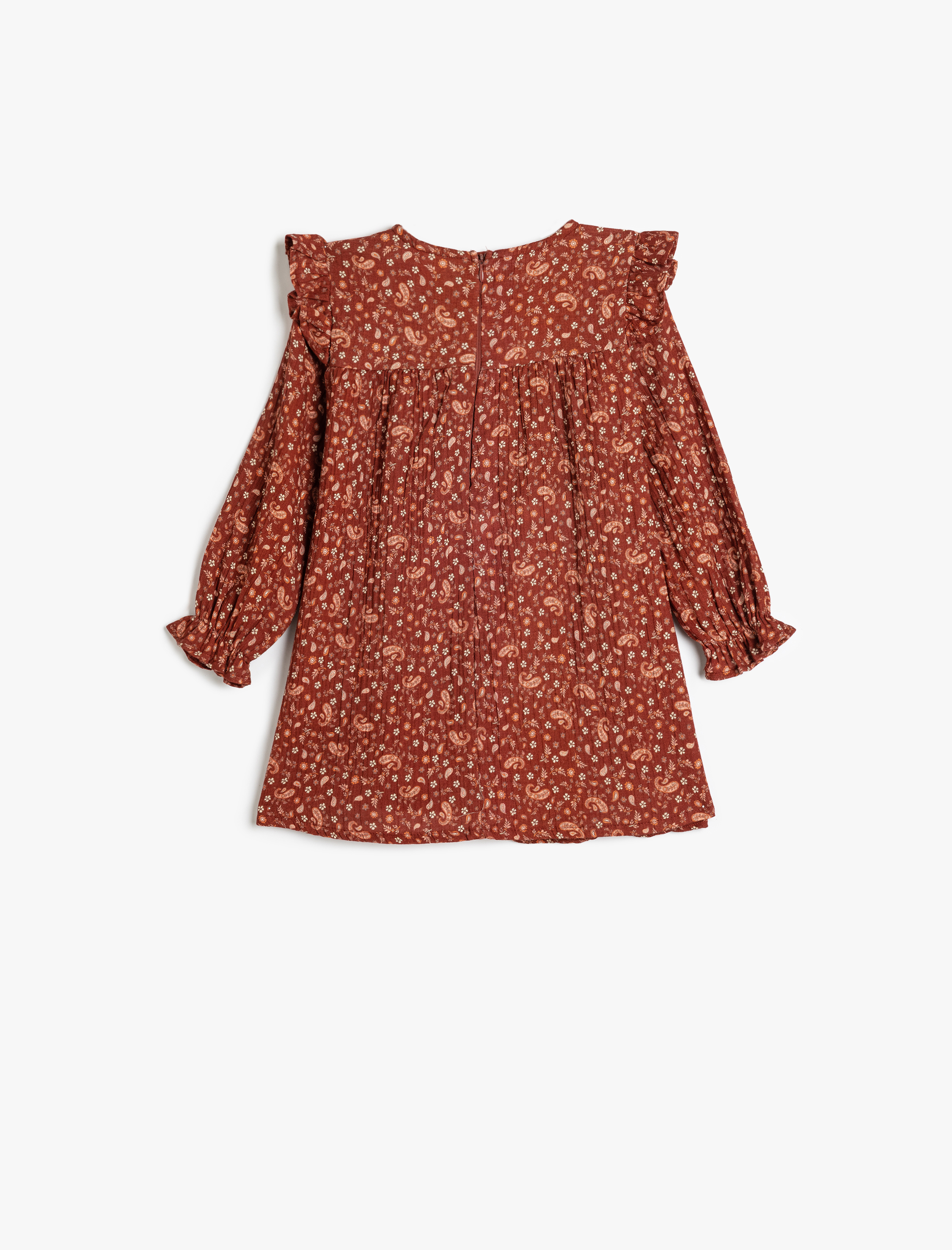  Kız Bebek Pamuklu Uzun Kollu Fırfır Detaylı Çiçek Desenli Müslin Elbise