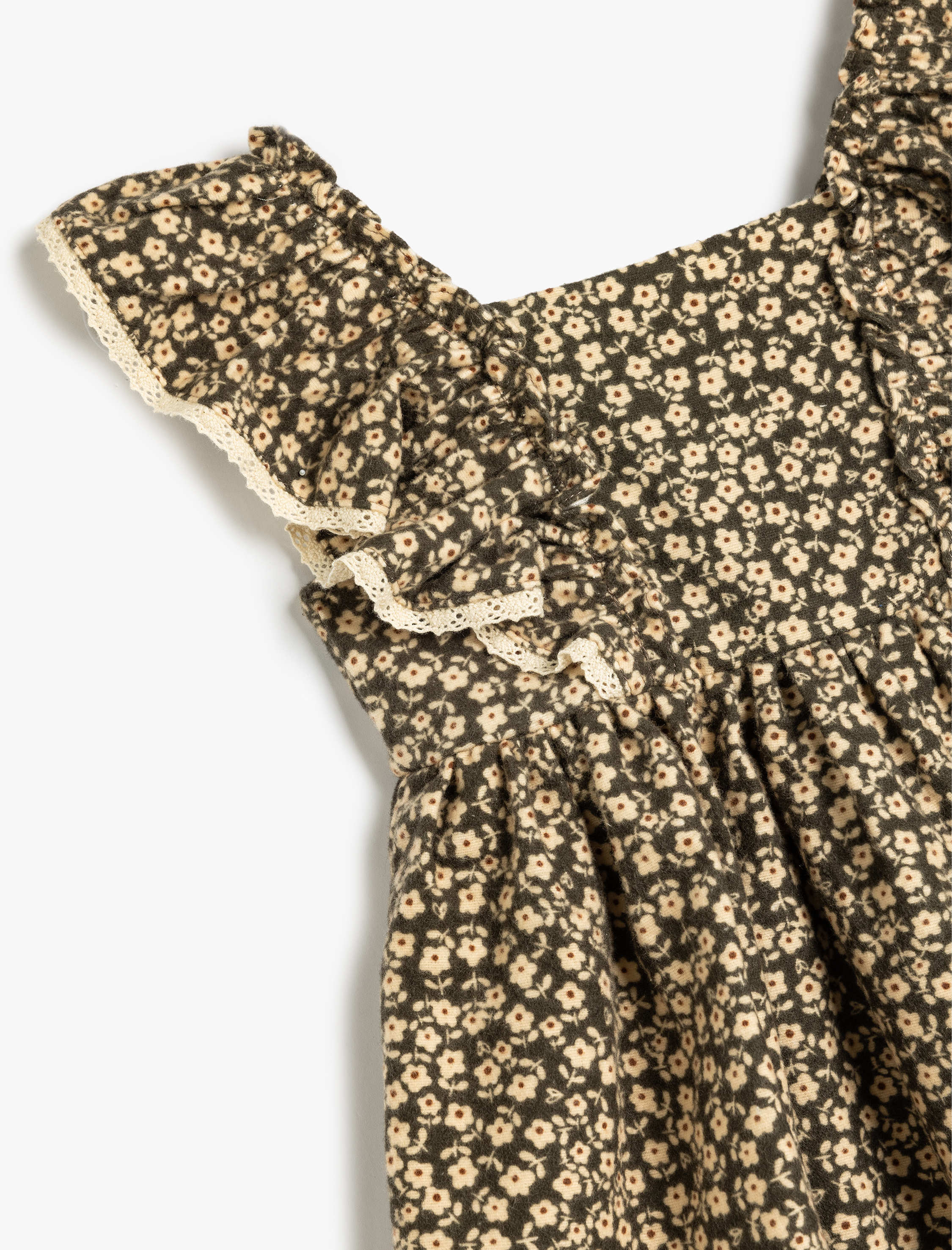 Kız Bebek Askılı Pazen Elbise Fırfırlı Pamuklu Çiçek Baskı Detaylı