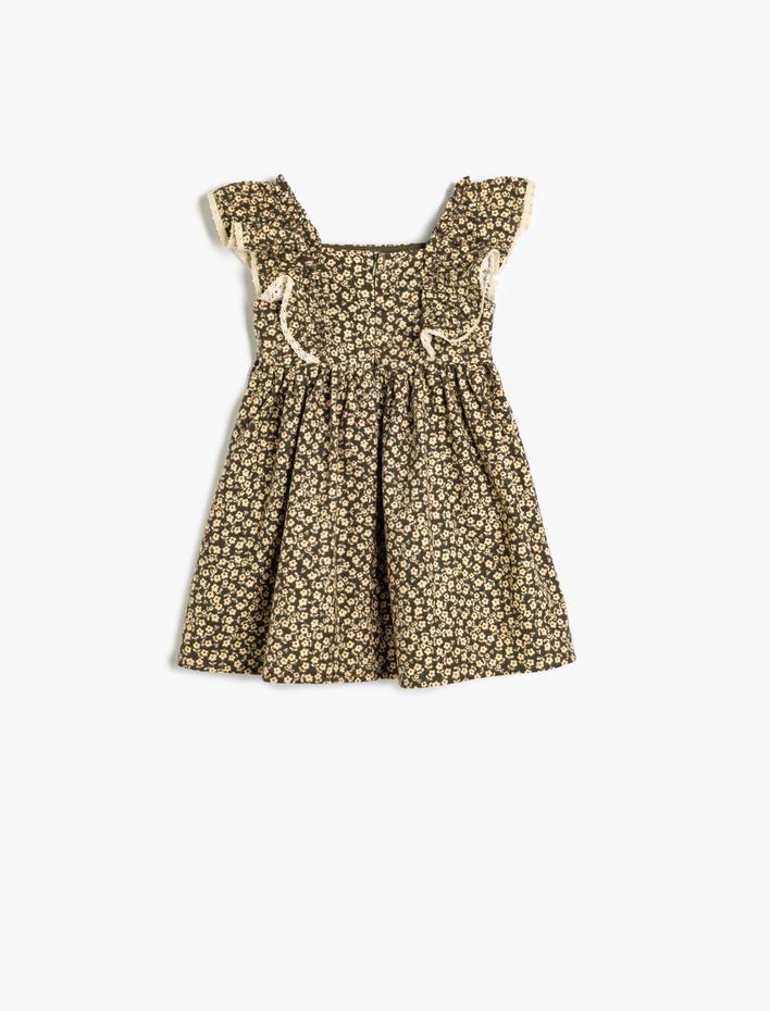 Kız Bebek Askılı Pazen Elbise Fırfırlı Pamuklu Çiçek Baskı Detaylı