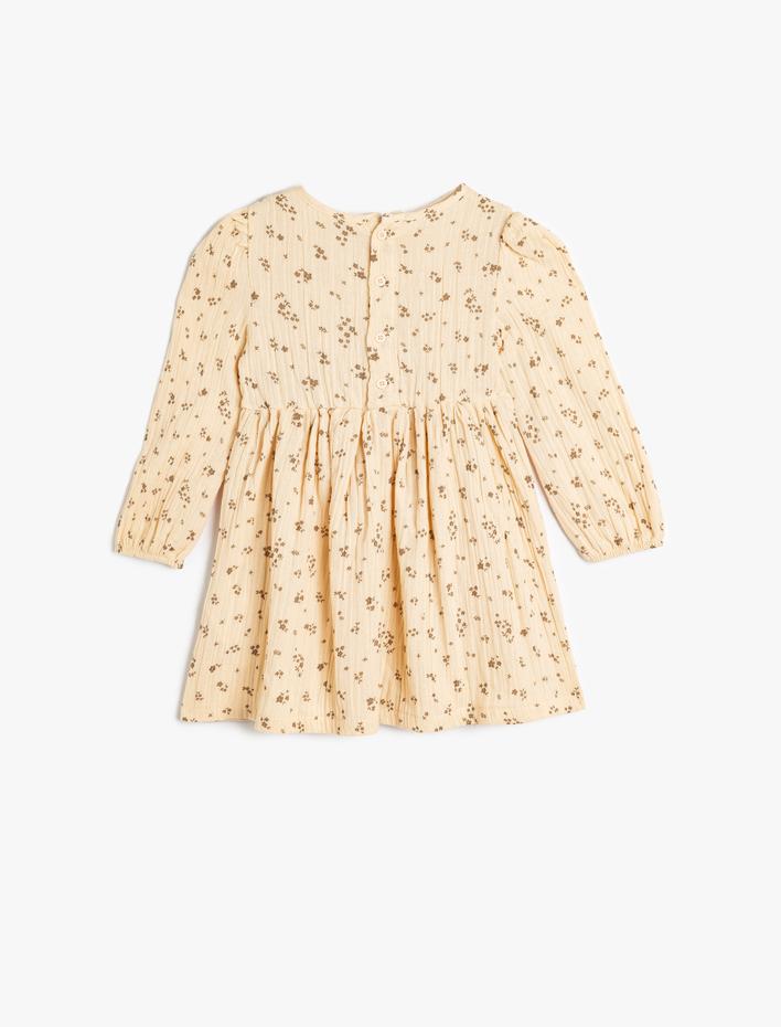 Kız Bebek Müslin Elbise Fiyonk Detaylı Uzun Kollu Bisiklet Yaka Manşetleri Lastikli Pamuklu