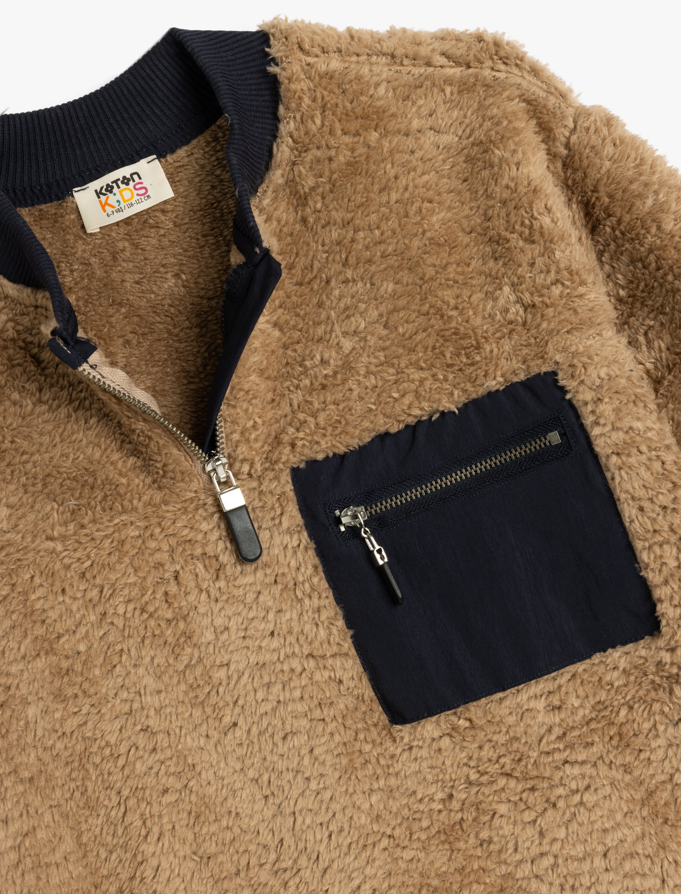  Erkek Çocuk Yarım Fermuarlı Cep Detaylı Uzun Kollu Peluş Sweatshirt
