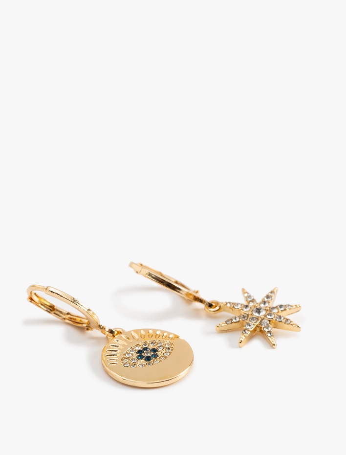 Kadın Taşlı Sallantılı Charm Detaylı 2'li Halka Küpe Seti