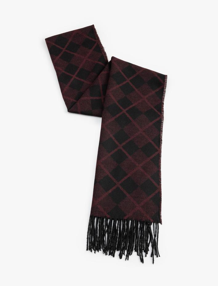 Erkek Baklava Desenli Püsküllü Viskon Karışımlı Uzun Atkı