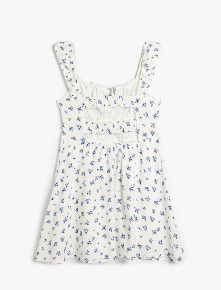  Kolsuz Bağcıklı Yaka A Kesim Çiçekli Gipeli Mini Viskon Elbise