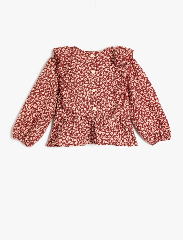 Kız Bebek Çiçekli Bluz Uzun Kollu Bisiklet Yaka Fırfır Detaylı Pamuklu