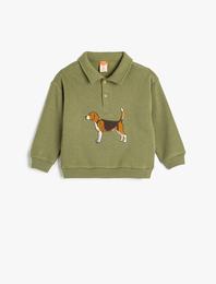 Polo Yaka Sweatshirt Köpek Baskılı Uzun Kollu Şardonlu