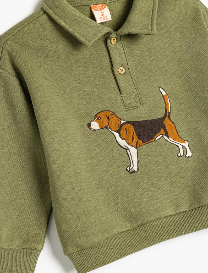  Erkek Bebek Polo Yaka Sweatshirt Köpek Baskılı Uzun Kollu Şardonlu