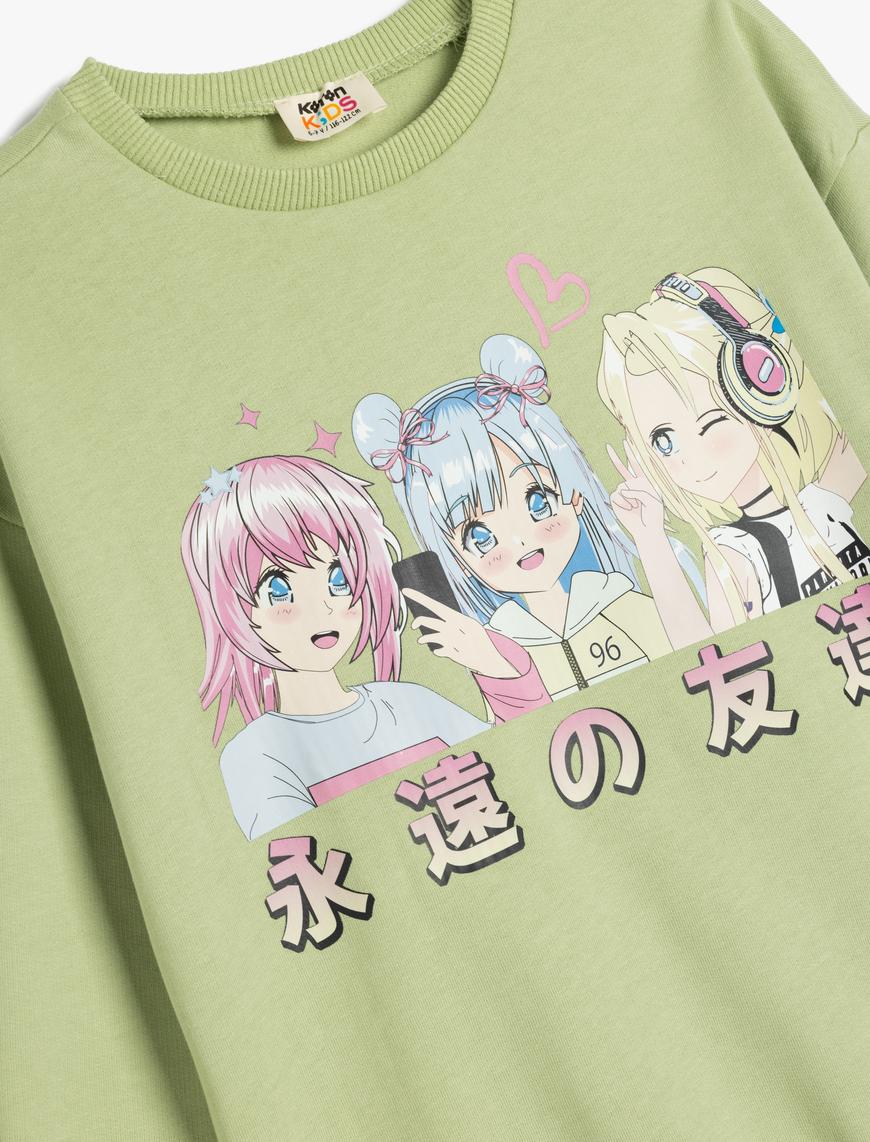  Kız Çocuk Sweatshirt Anime Baskılı Uzun Kollu Bisiklet Yaka Pamuklu Şardonlu