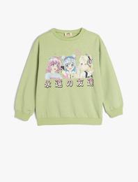 Sweatshirt Anime Baskılı Uzun Kollu Bisiklet Yaka Pamuklu Şardonlu