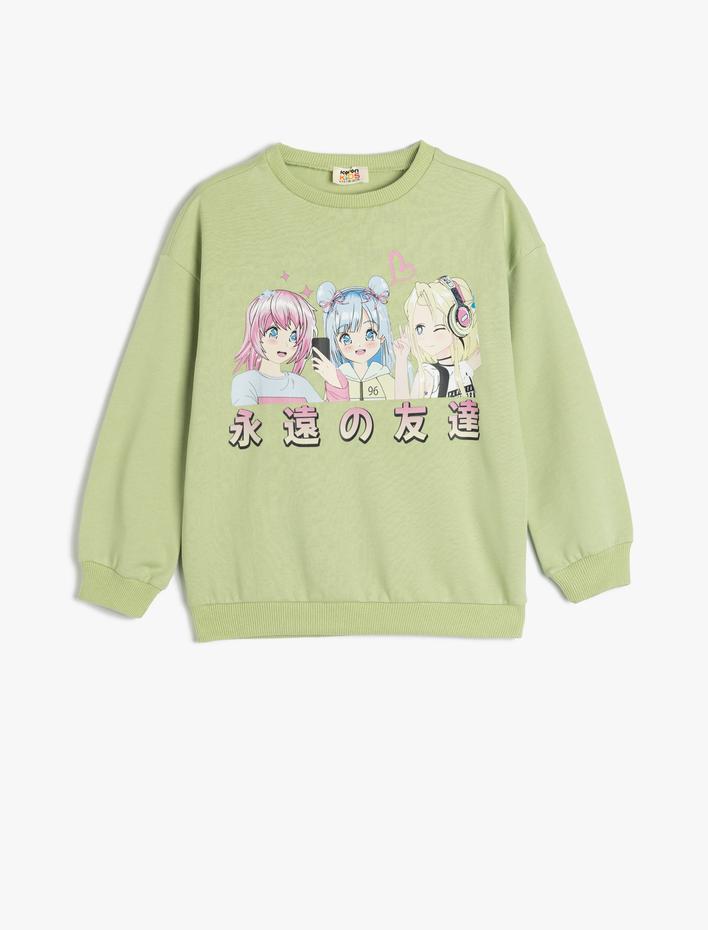 Kız Çocuk Sweatshirt Anime Baskılı Uzun Kollu Bisiklet Yaka Pamuklu Şardonlu