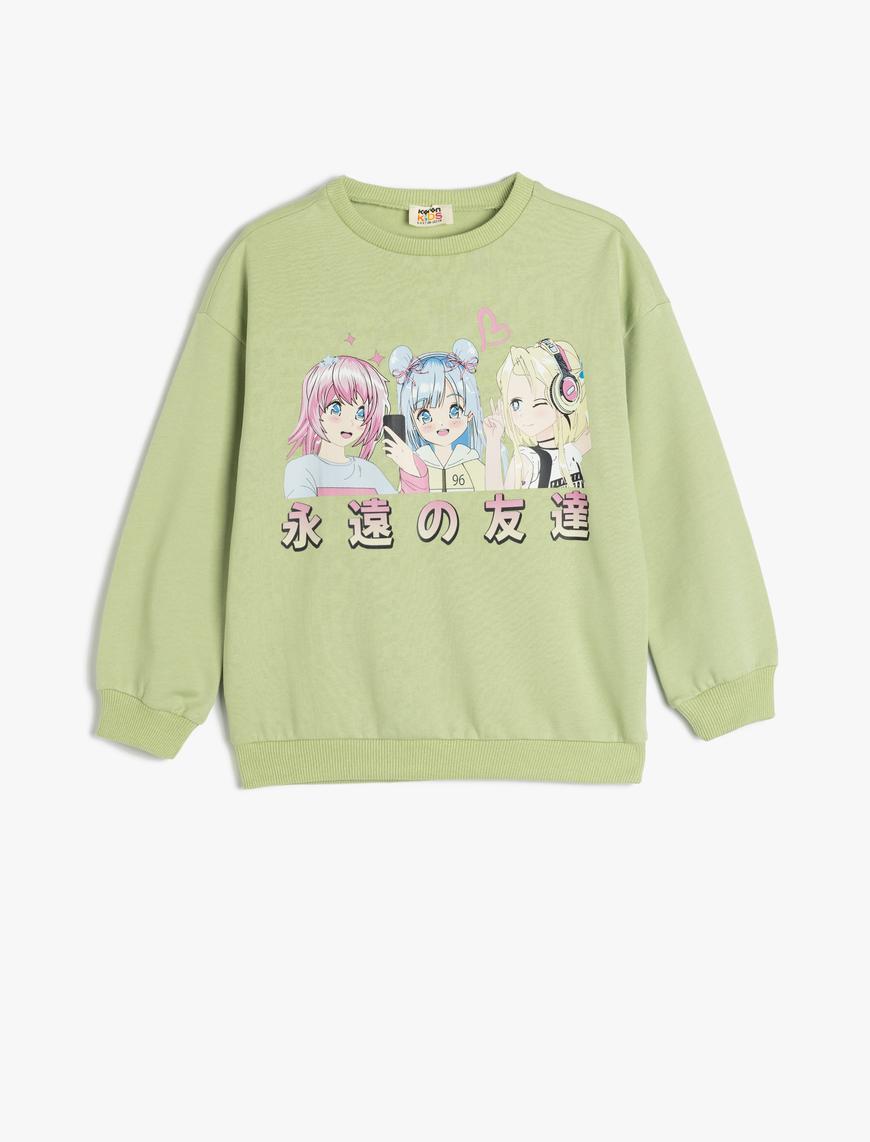  Kız Çocuk Sweatshirt Anime Baskılı Uzun Kollu Bisiklet Yaka Pamuklu Şardonlu