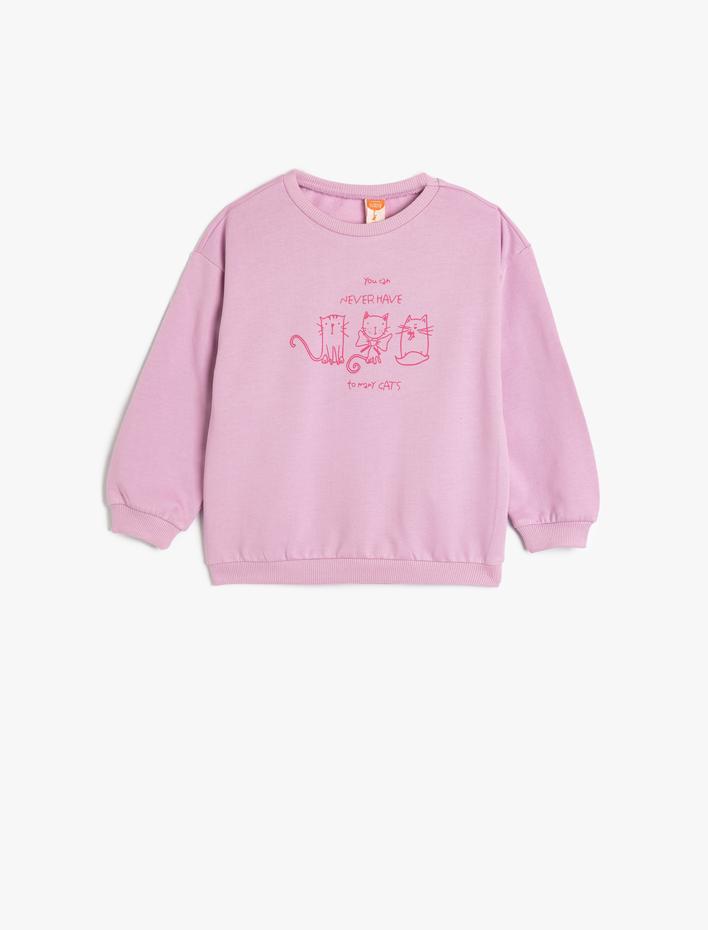 Kız Bebek Sweatshirt Uzun Kollu Kedi Baskılı Bisiklet Yaka Şardonlu Pamuklu