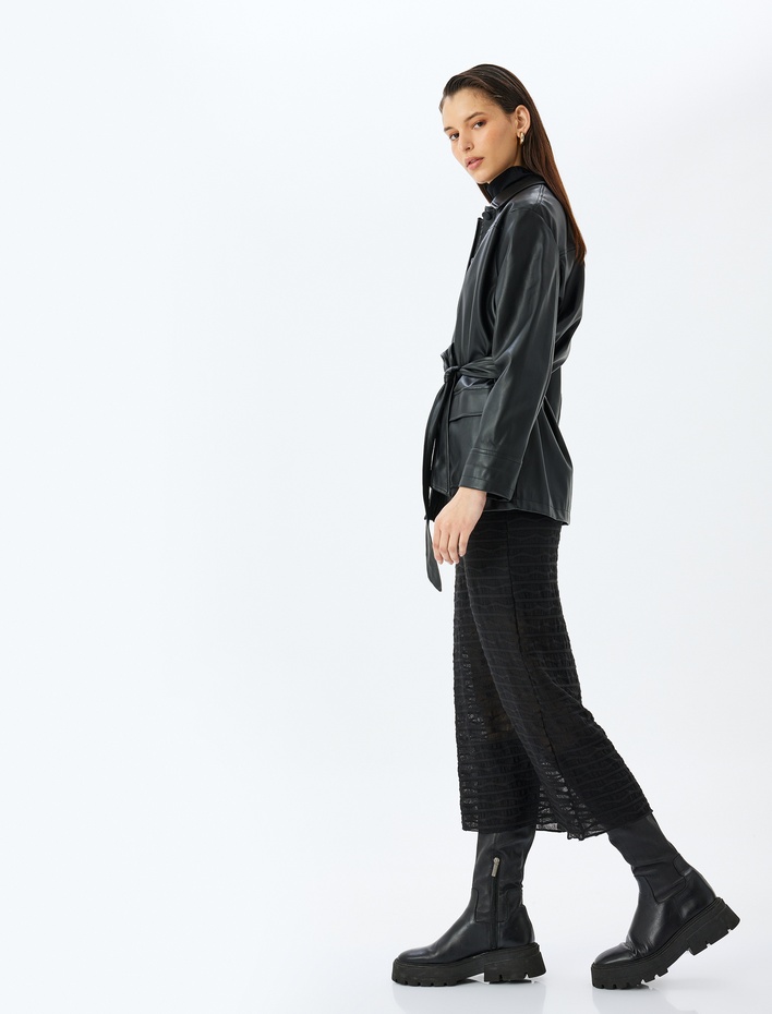  Astarlı Midi Boy Slim Fit Yarı Transparan Dokulu Etek