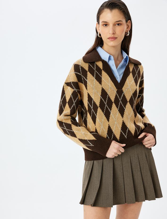  Yumuşak Dokulu Baklava Desenli Triko Polo Yaka Kazak