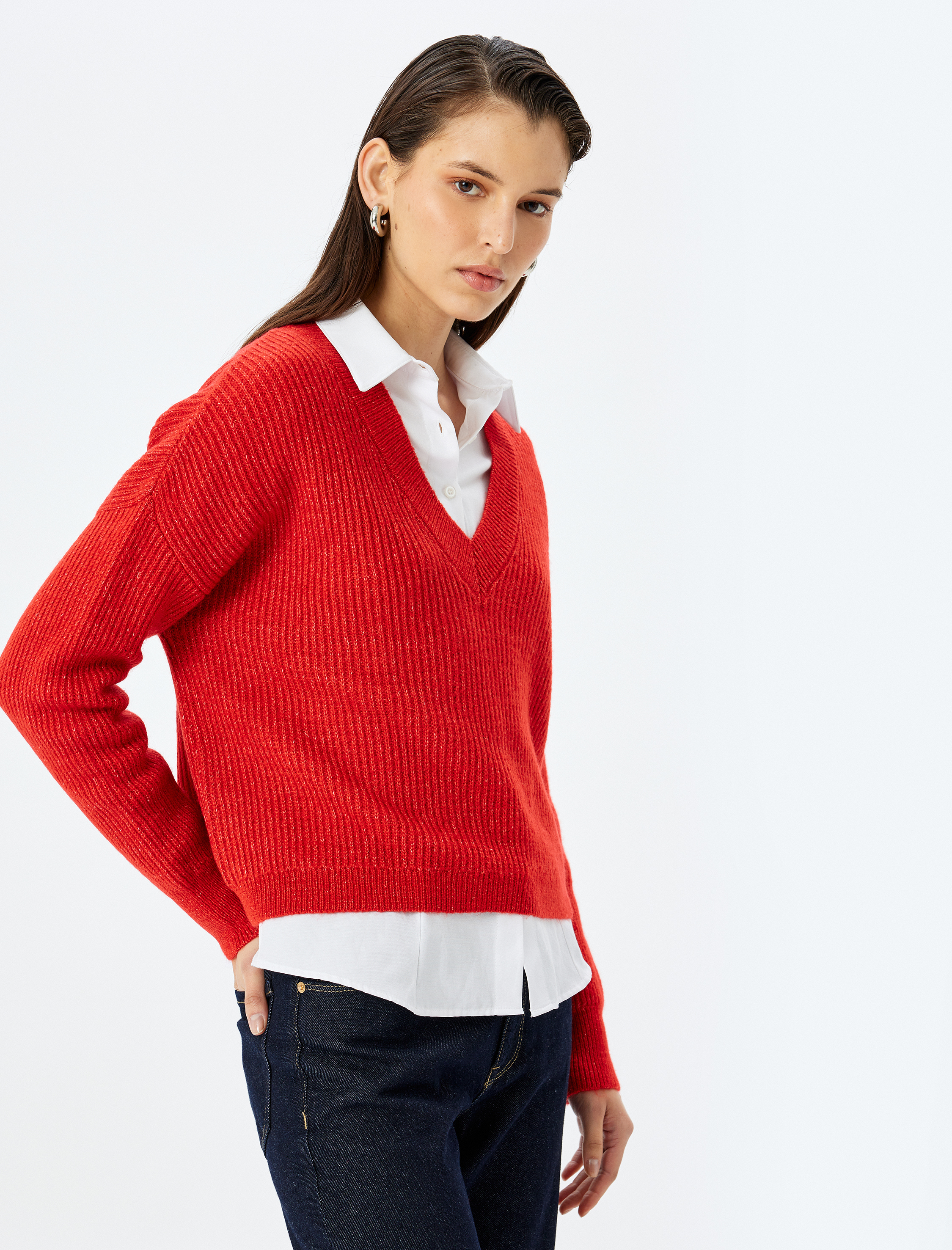 Uzun Kollu V Yaka Triko Kazak