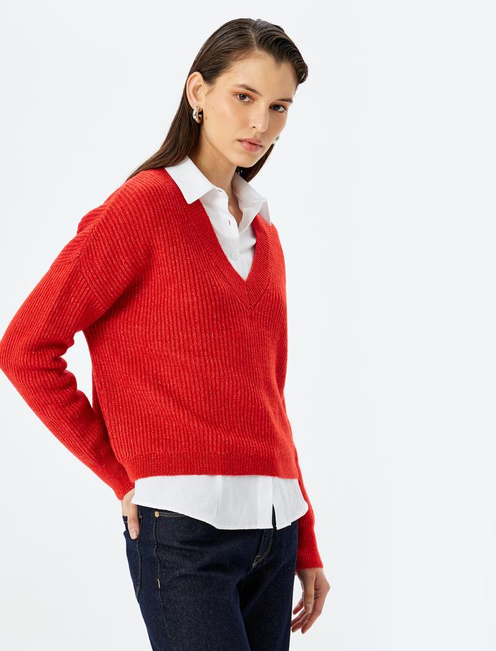  Uzun Kollu V Yaka Triko Kazak