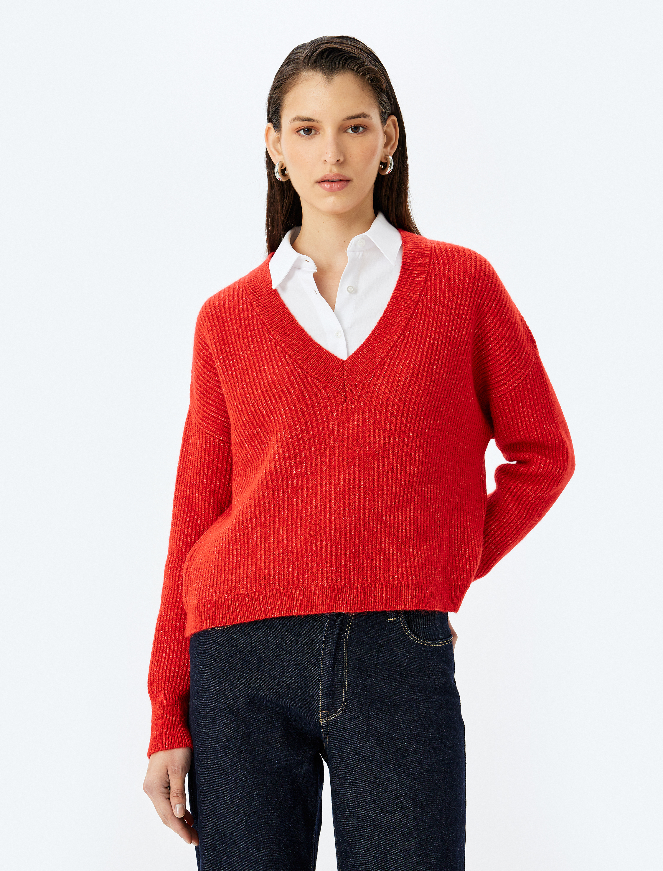 Uzun Kollu V Yaka Triko Kazak