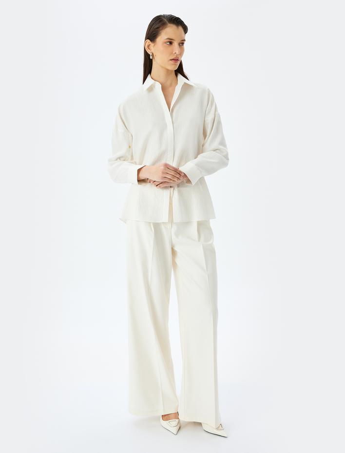  Metalik İplik Detaylı Uzun Kollu Viskon Oversize Gömlek