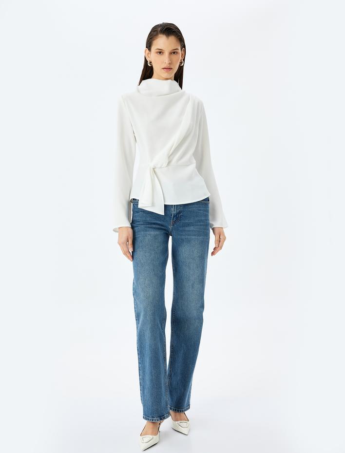  Dik Yaka Uzun Kollu Bağlama Detaylı Bluz