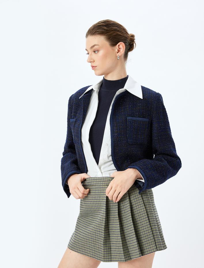  Biyeli Yuvarlak Yaka Crop Tüvit Ceket