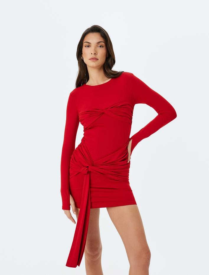  Büzgü Detaylı Uzun Kollu Bodycon Mini Elbise