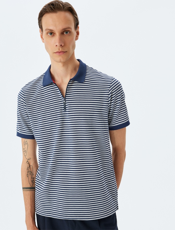  Yarım Fermuarlı Regular Fit Pamuk Karışımlı Çizgili Polo Yaka Tişört