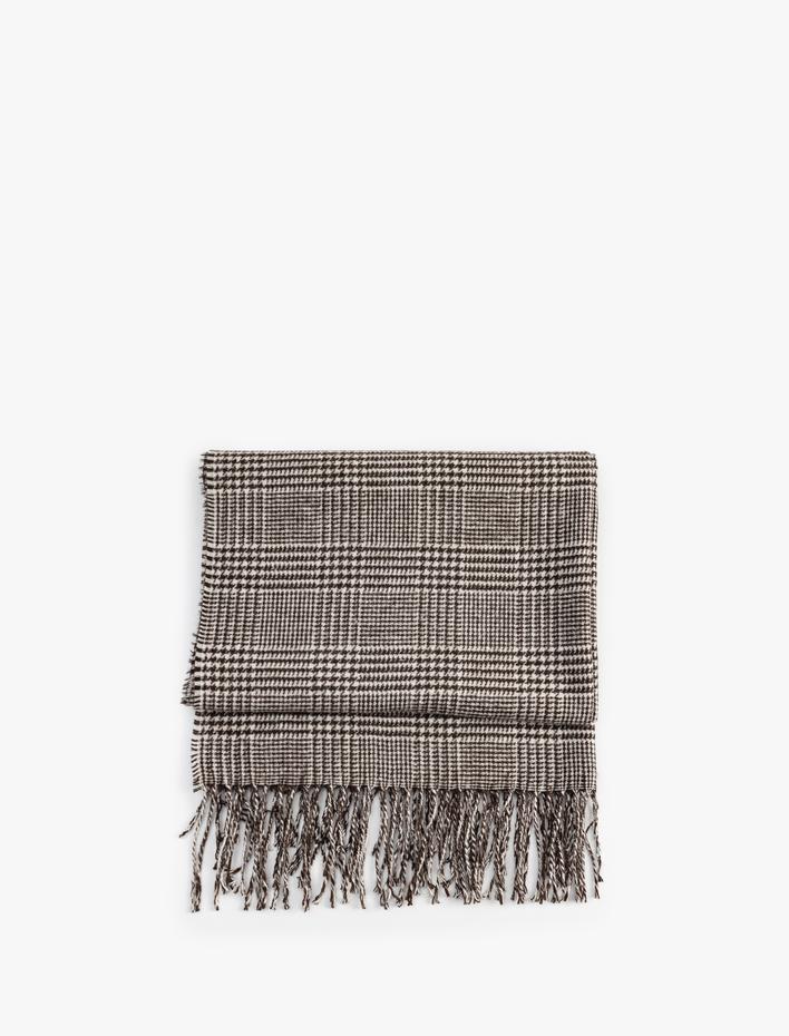 Kadın Ekoseli Püsküllü Uzun Atkı