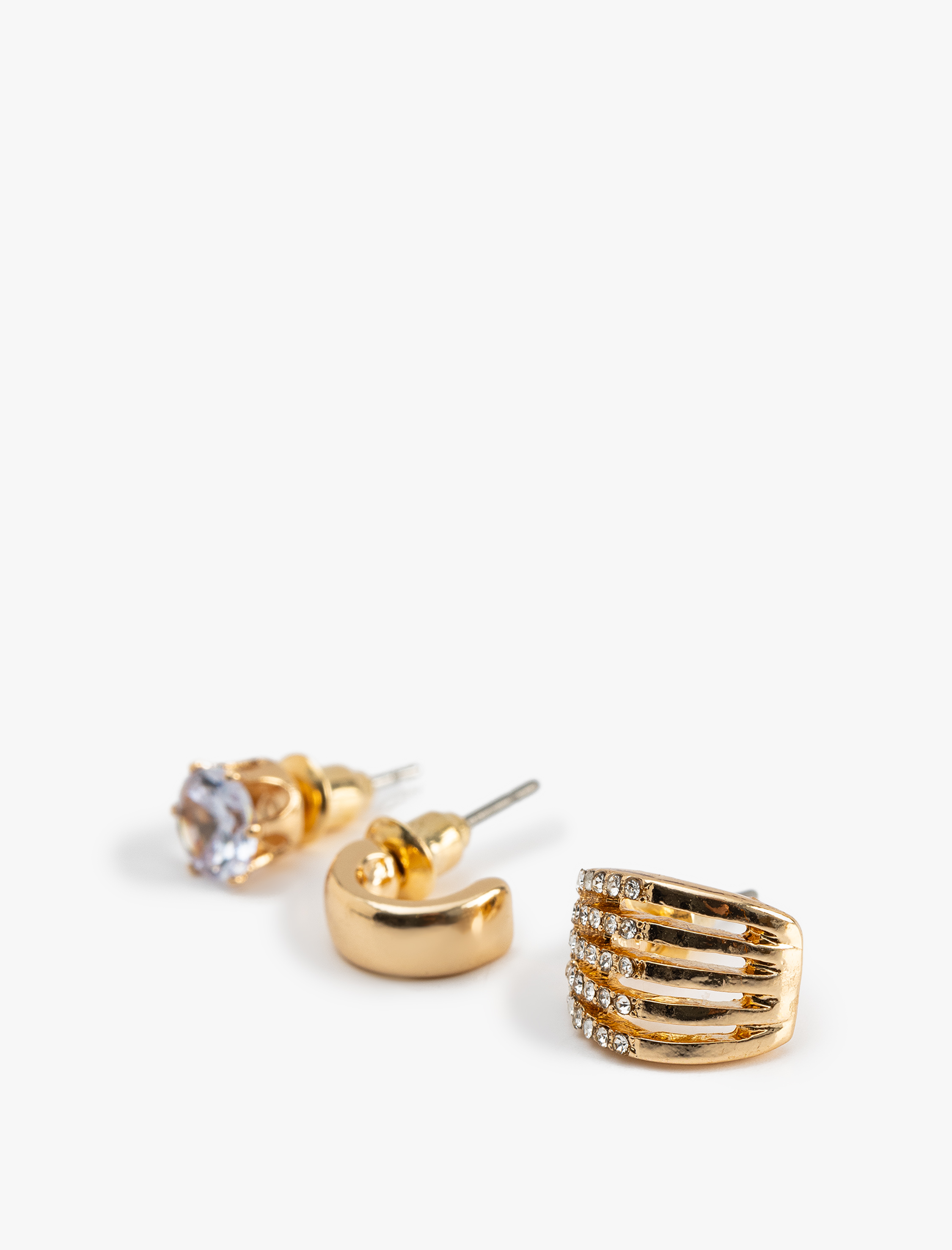  Kadın Taş Detaylı 3'lü Top ve Halka Küpe Seti