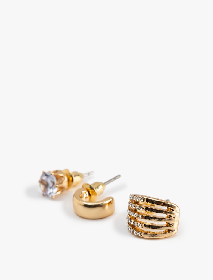 Kadın Taş Detaylı 3'lü Top ve Halka Küpe Seti