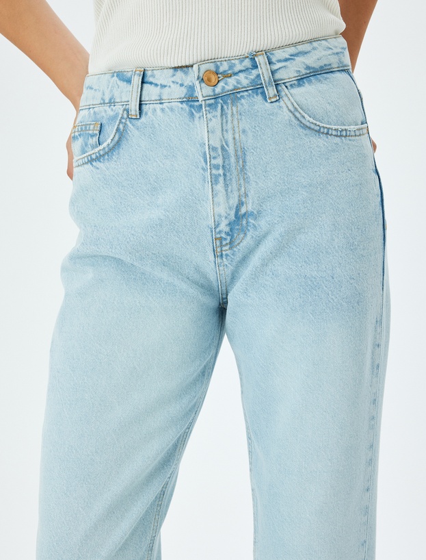 Yüksek Bel Rahat Kalıp Düğmeli Pamuklu Kot Pantolon -  Mom Jean_4