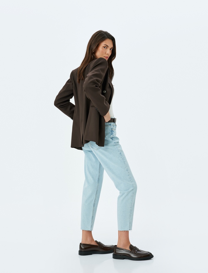  Yüksek Bel Rahat Kalıp Düğmeli Pamuklu Kot Pantolon -  Mom Jean