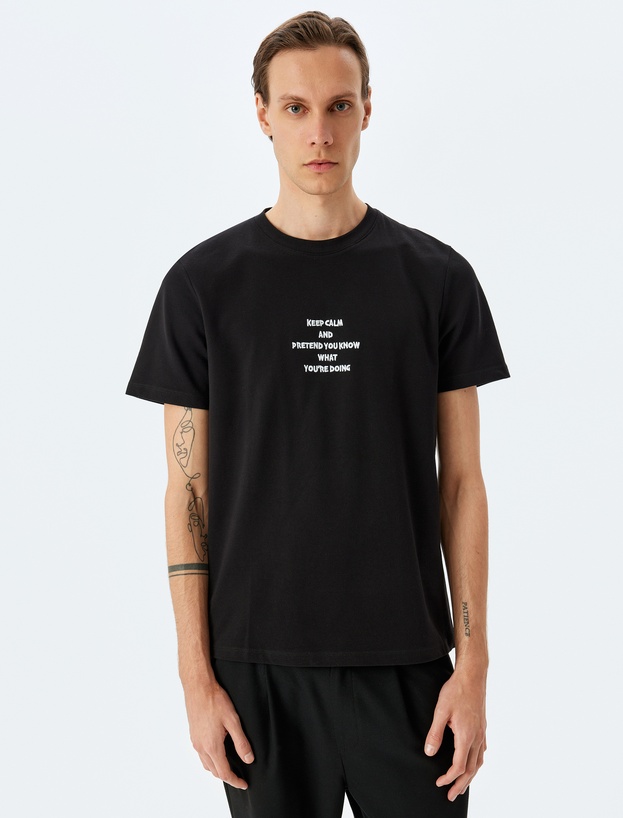 Regular Fit Pamuklu Kısa Kollu Slogan İşlemeli Bisiklet Yaka Tişört_2