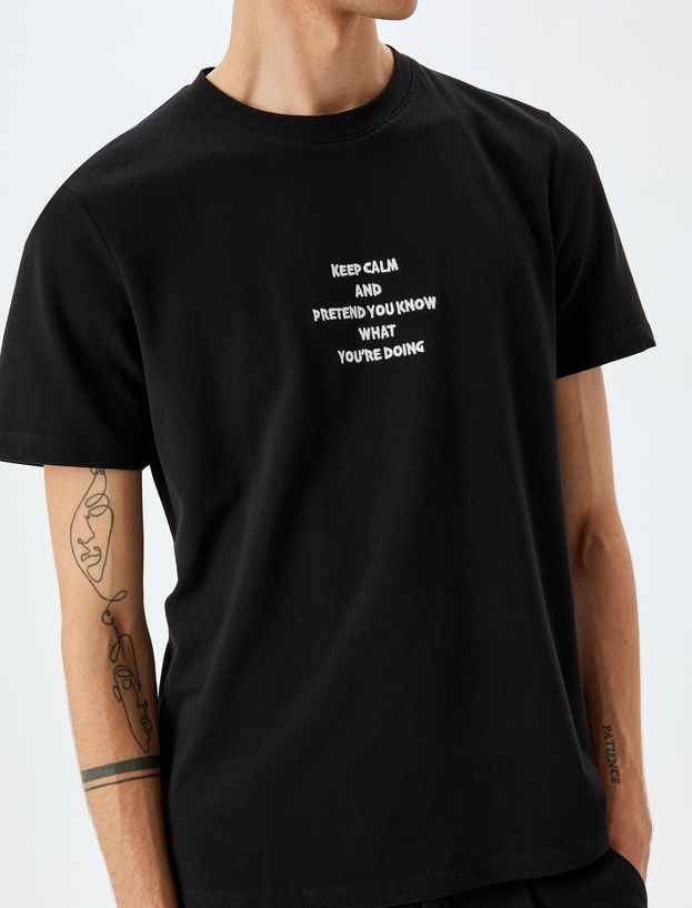 Regular Fit Pamuklu Kısa Kollu Slogan İşlemeli Bisiklet Yaka Tişört_4