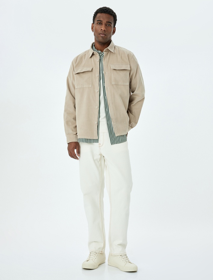  Kapaklı Cep Detaylı Pamuklu Düğmeli Fitilli Kadife Ceket