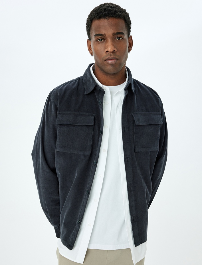  Kapaklı Cep Detaylı Pamuklu Düğmeli Fitilli Kadife Ceket