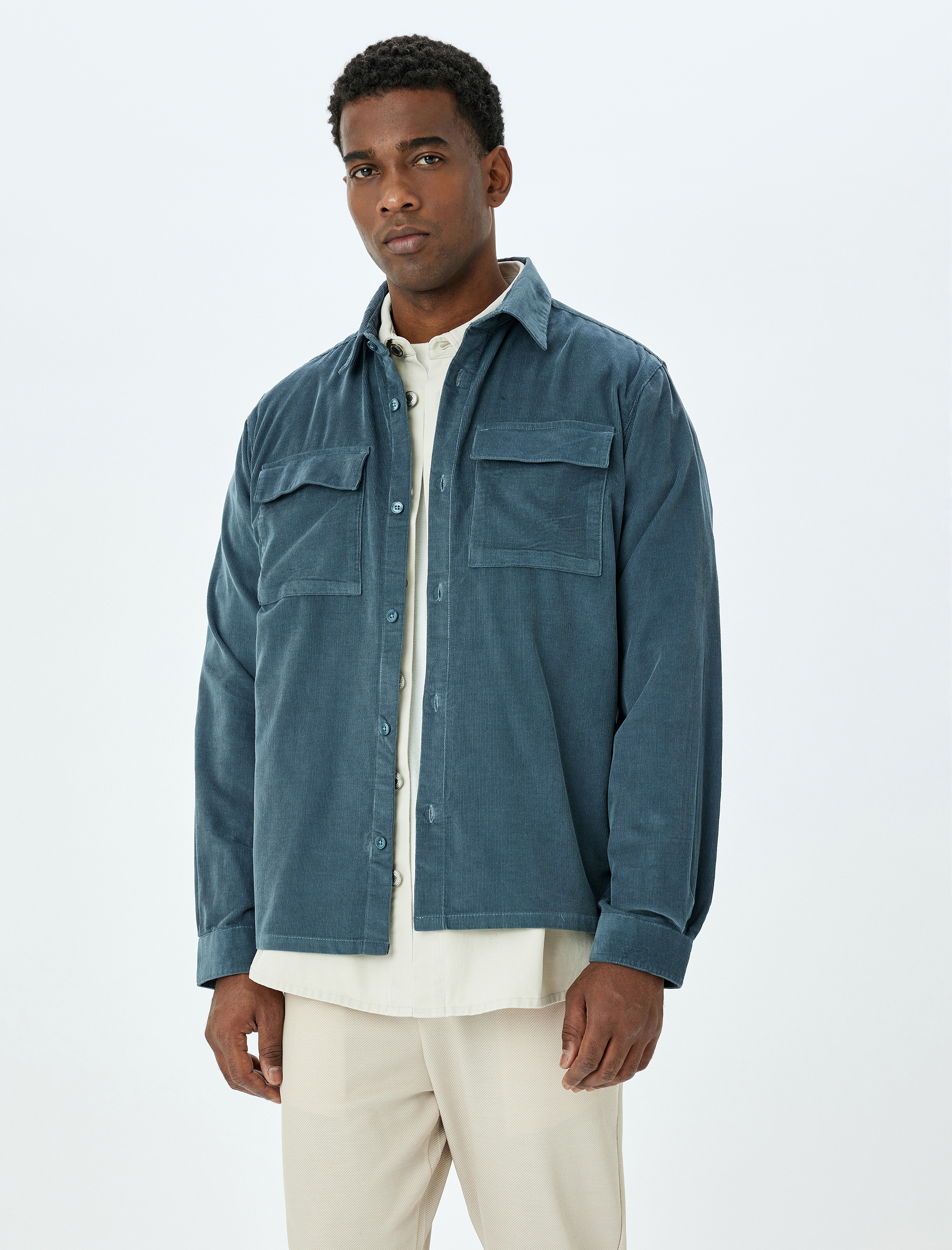 Kapaklı Cep Detaylı Pamuklu Düğmeli Fitilli Kadife Ceket