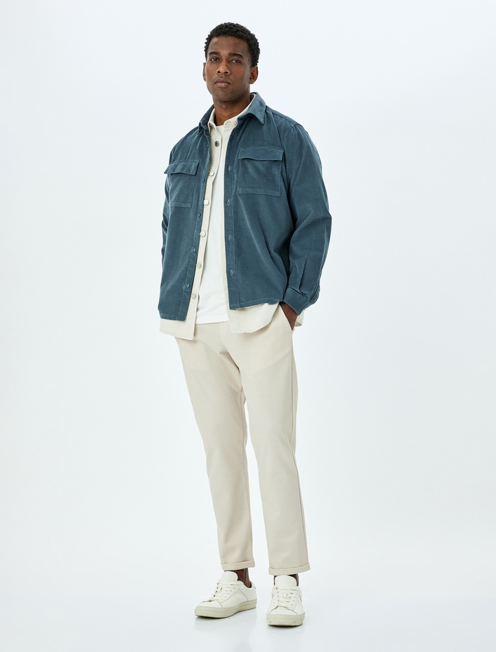  Kapaklı Cep Detaylı Pamuklu Düğmeli Fitilli Kadife Ceket