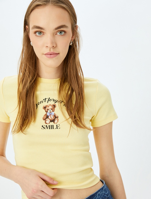 Ayı Baskılı Kısa Kollu Bisiklet Yaka Slim Fit Tişört_0