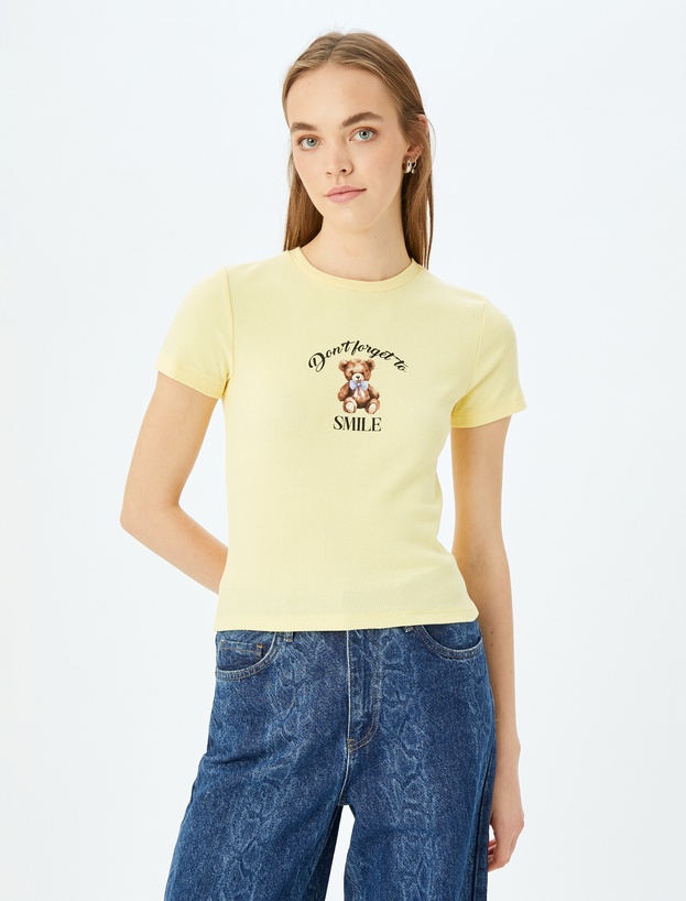 Ayı Baskılı Kısa Kollu Bisiklet Yaka Slim Fit Tişört_2