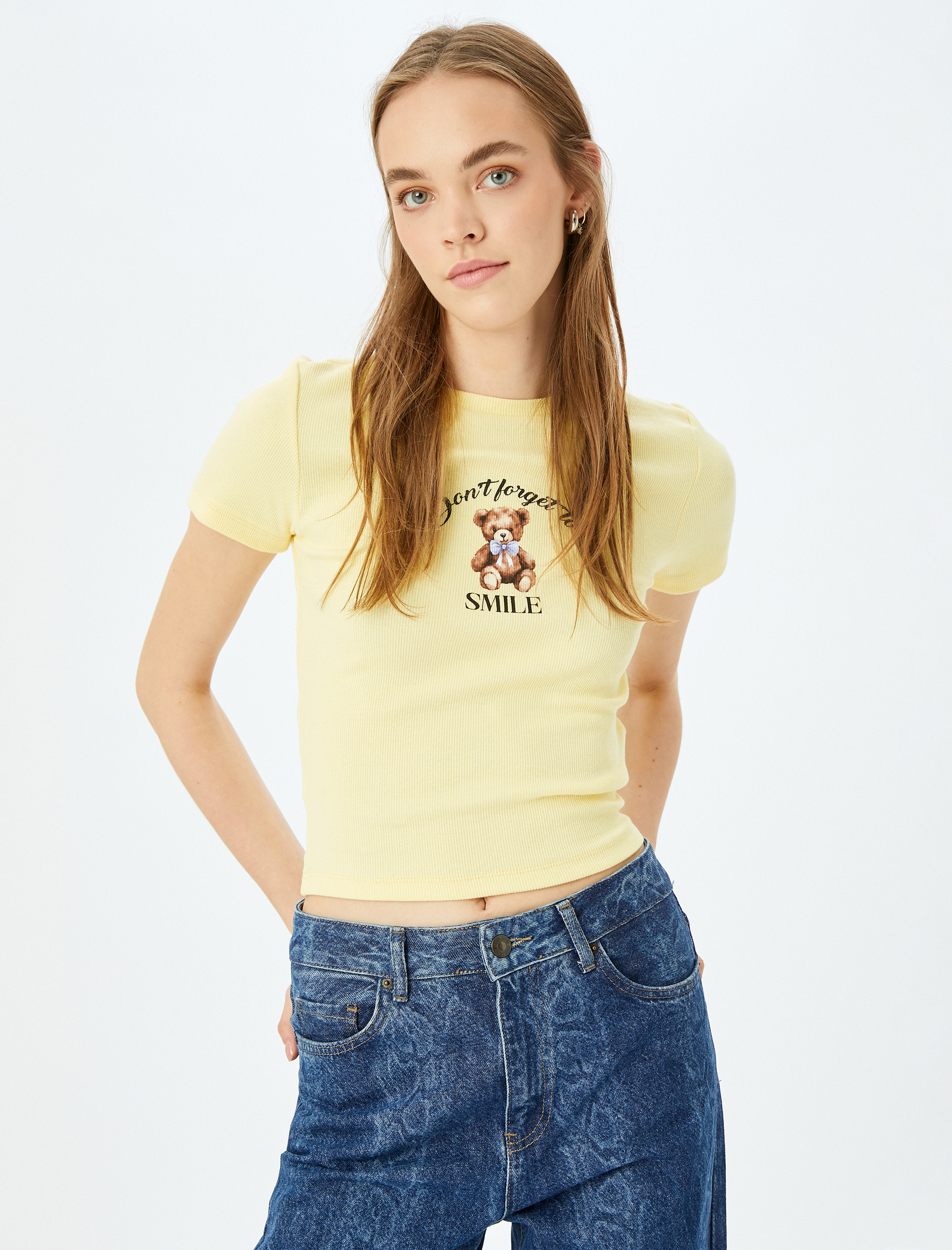   Ayı Baskılı Kısa Kollu Bisiklet Yaka Slim Fit Tişört