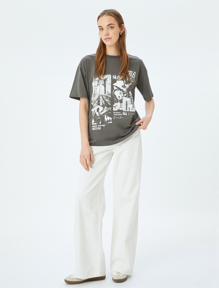  Bisiklet Yaka Rahat Kalıp Baskılı Kısa Kollu Tişört