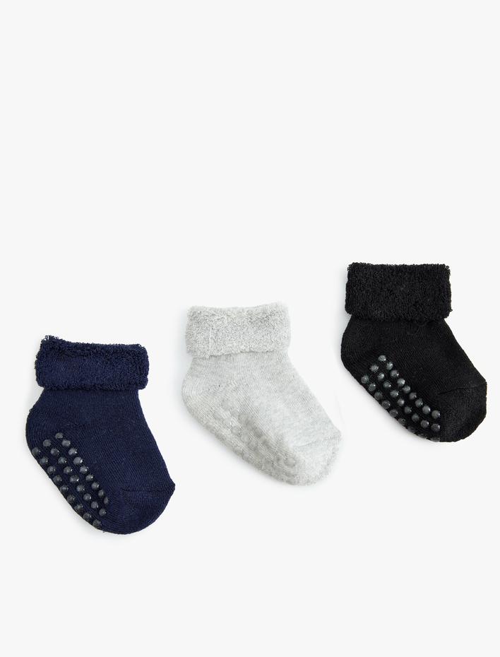 Erkek Bebek Kaymaz Tabanlı 3'lü Havlu Çorap Seti