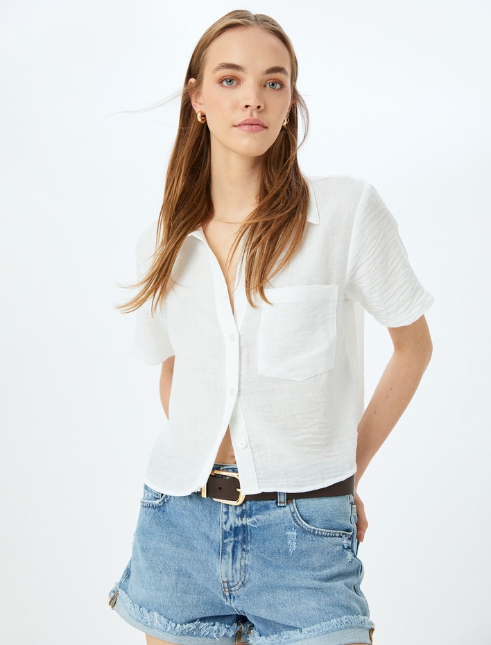  Klasik Yaka Düğmeli Kısa Kollu Crop Gömlek