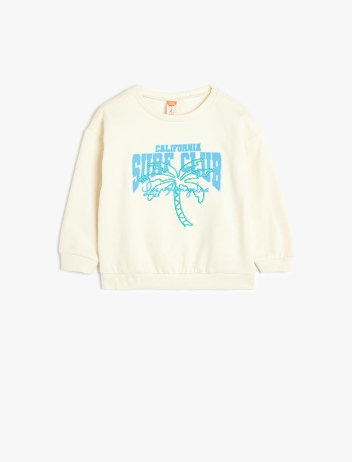 Erkek Bebek Palmiye Baskılı Bisiklet Yaka Uzun Kollu Pamuklu Sweatshirt